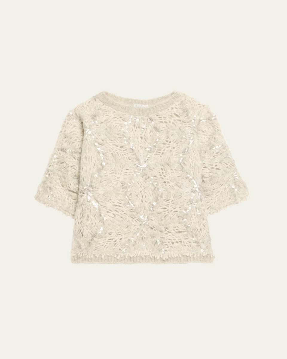 Pailette Mohair-Wool Short-Sleeve Sweater